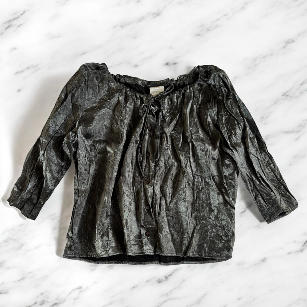 Vintage Gray Metallic Peasant Blouse Drawstring Neck Fairycore NWT Womens M 10